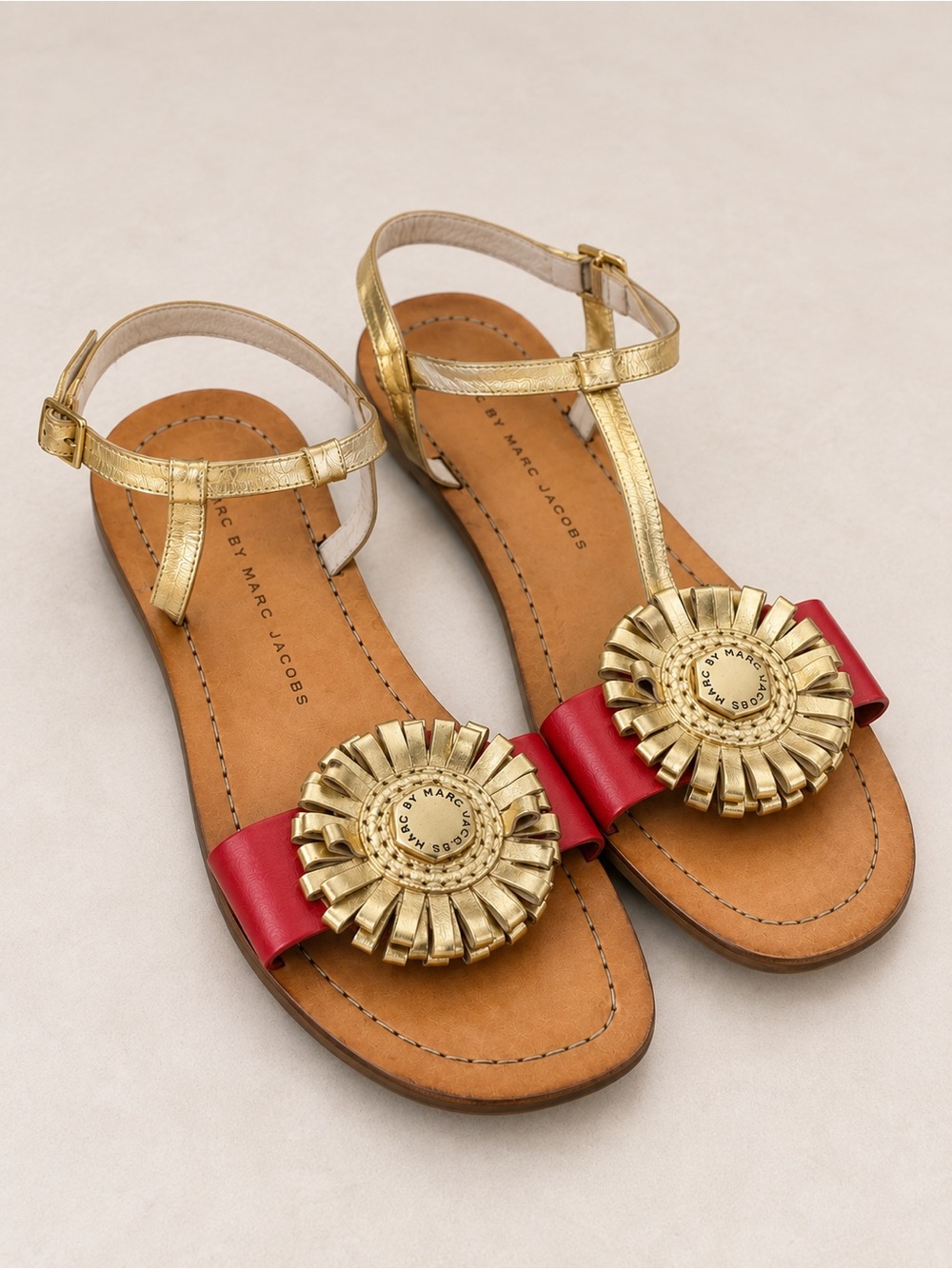 Marc by Marc Jacobs Leather Sandals Red Gold Rosette EU 40